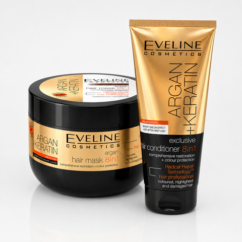 Set Eveline Argan + Keratin 8în1 – Balsam 200 ml + Mască 300 ml, nutriție pentru păr uscat și vopsit