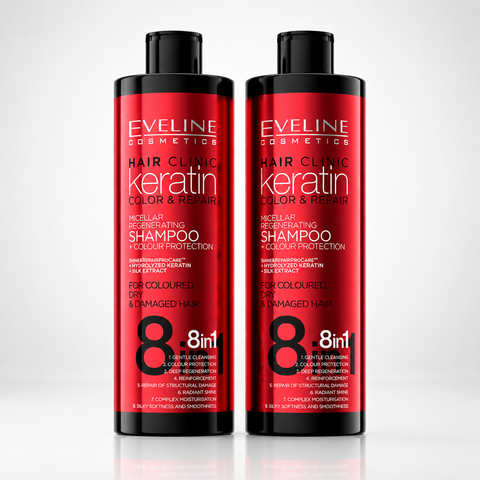 Pachet 2 x Eveline Hair Clinic Keratin Șampon 8în1 400 ml, protecția culorii pentru păr vopsit