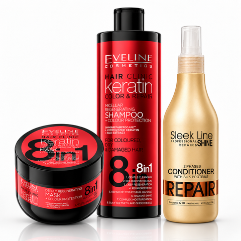 Set Eveline Hair Clinic Keratin – Șampon 400 ml + Mască 500 ml + Balsam Bifazic Spray Stapiz 300 ml, păr vopsit și deteriorat