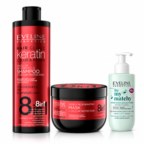 Set Eveline Hair Clinic Keratin – Șampon 400 ml + Mască 500 ml + Cremă de Mâini Be My Matchy 145 ml, Păr Vopsit și Mâini Hidratate