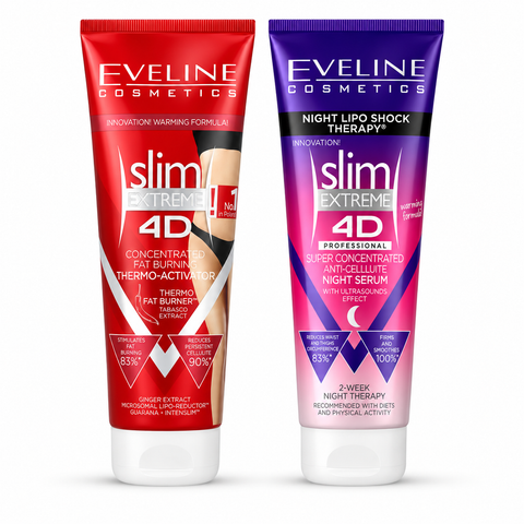Set Eveline Slim Extreme 4D – Termo-Activator 250 ml + Ser de Noapte Night Lipo Shock 250 ml, anticelulitic zi și noapte