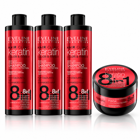 Set Eveline Hair Clinic Keratin – 3 × Șampon 400 ml + Mască 500 ml, rezerva pentru 4 luni de păr vopsit