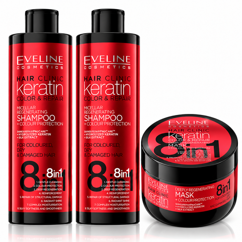 Set Eveline Hair Clinic Keratin – 2 x Șampon 400 ml + Mască 500 ml, rezervă pentru 2 luni, păr vopsit