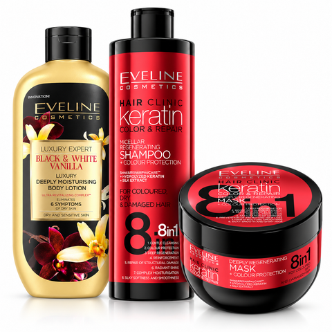 Set Eveline Păr + Corp – Șampon Keratin 400 ml + Mască Keratin 500 ml + Loțiune Luxury Expert Black & White Vanilla 350 ml