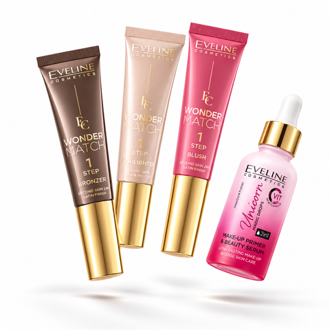 Set Eveline Machiaj 4 Produse – Wonder Match Bronzer NO1 + Blush NO1 + Highlighter + Primer Unicorn Magic Drops 30 ml