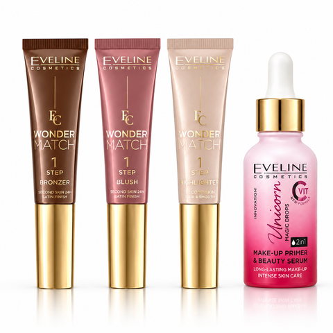 Set Eveline Machiaj 4 Produse – Wonder Match Bronzer NO1 + Blush NO2 + Highlighter + Primer Unicorn Magic Drops 30 ml