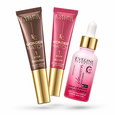Set Eveline Machiaj – Wonder Match Bronzer NO1 + Blush NO1 + Primer Unicorn Magic Drops 30 ml