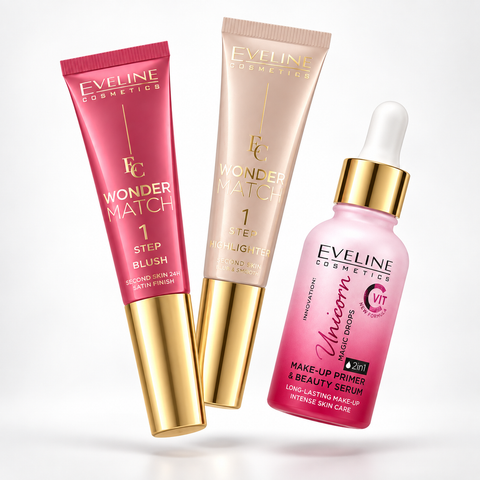 Set Eveline Machiaj – Wonder Match Blush NO1 + Highlighter + Primer Unicorn Magic Drops 30 ml