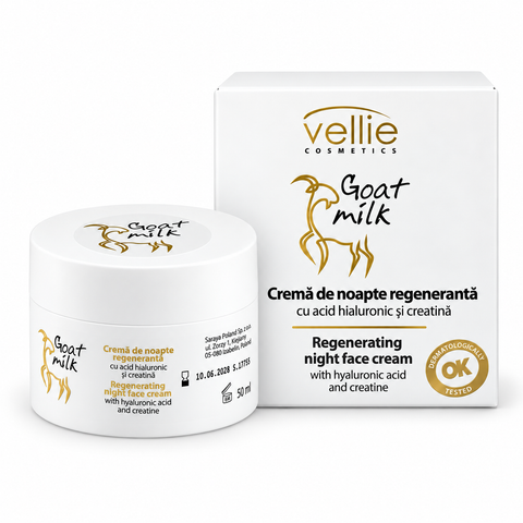 Vellie Goat Milk Cremă de Noapte Regenerantă cu Acid Hialuronic și Creatină 50 ml, Lapte de Capră