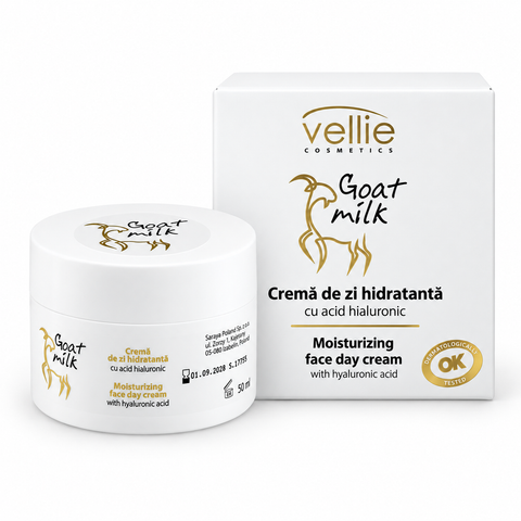 Vellie Goat Milk Cremă de Zi Hidratantă cu Acid Hialuronic 50 ml, Lapte de Capră, Piele Uscată și Sensibilă
