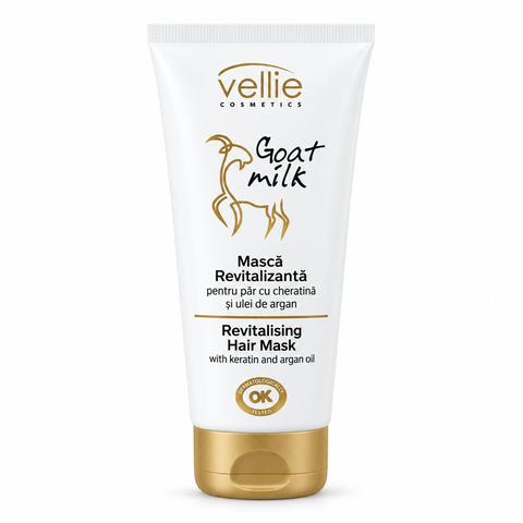 Vellie Goat Milk Mască Revitalizantă de Păr cu Cheratină și Ulei de Argan, Lapte de Capră, Păr Uscat și Deteriorat