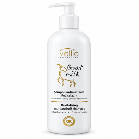 Vellie Goat Milk Șampon Antimătreață Revitalizant cu Extract de Salcie și Complex de Vitamine B, Lapte de Capră