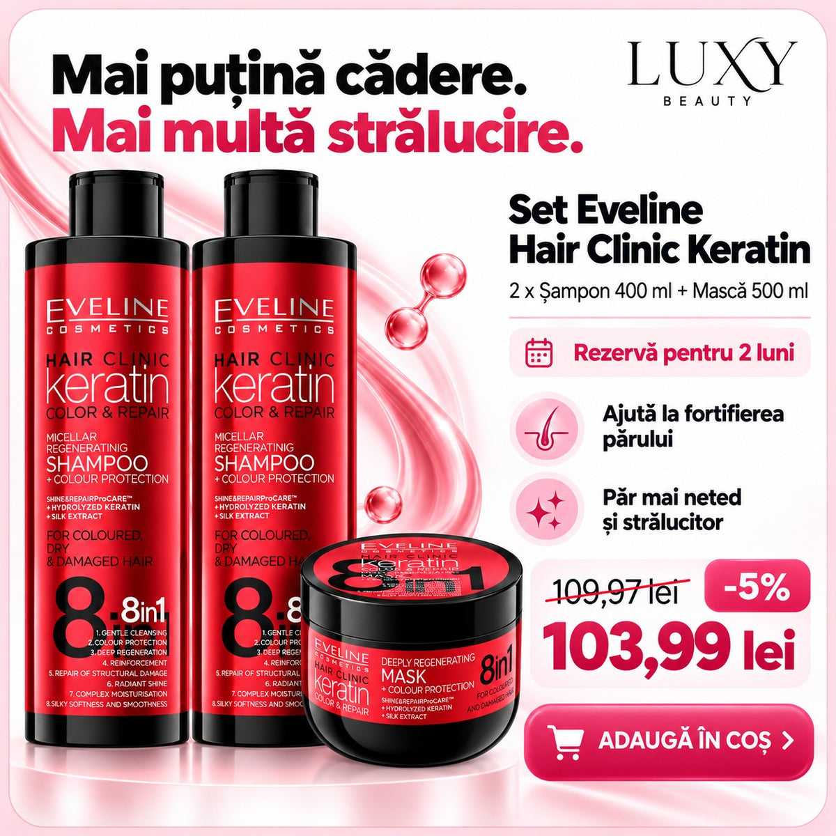 Eveline Hair Clinic Keratin 8în1 – șampon și mască pentru păr vopsit