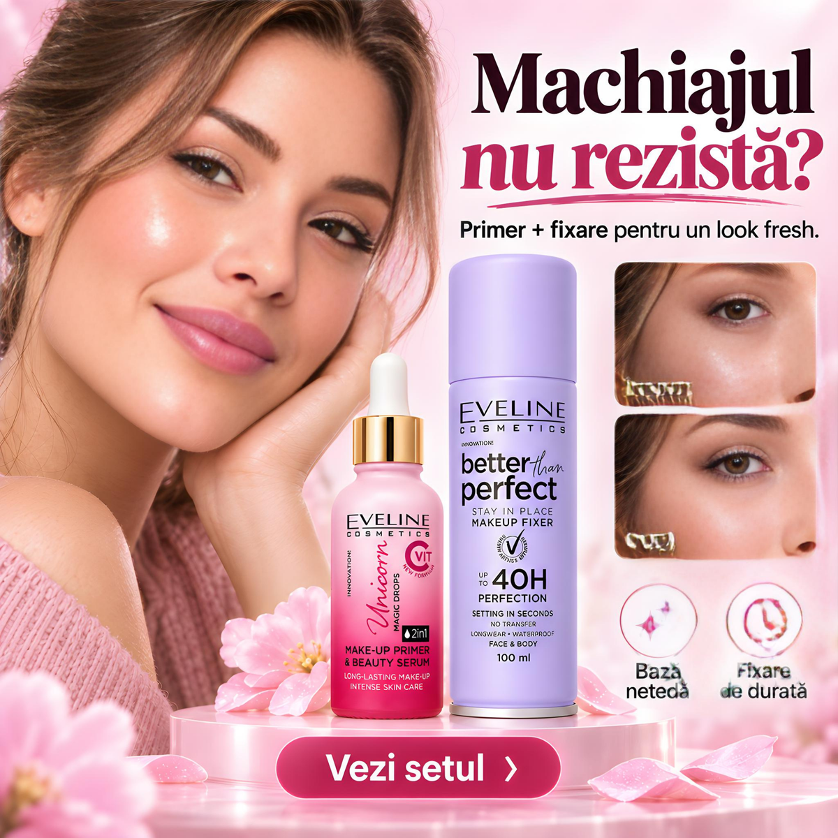 Set primer Unicorn Magic Drops și spray fixator Better Than Perfect Eveline