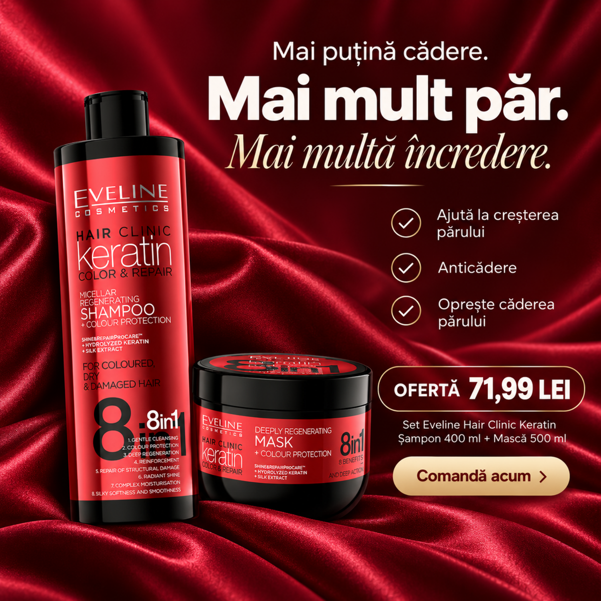 Set Eveline Hair Clinic Keratin șampon 400 ml și mască 500 ml pentru păr vopsit
