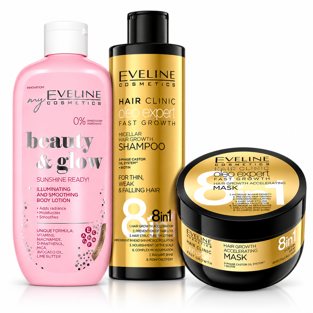 Set Eveline Păr + Corp – Șampon Oleo Expert 400 ml + Mască Oleo Expert 500 ml + Loțiune Beauty & Glow Iluminatoare 350 ml