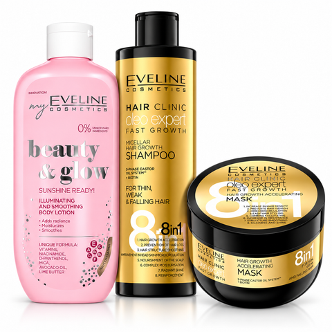 Set Eveline Păr + Corp – Șampon Oleo Expert 400 ml + Mască Oleo Expert 500 ml + Loțiune Beauty & Glow Iluminatoare 350 ml
