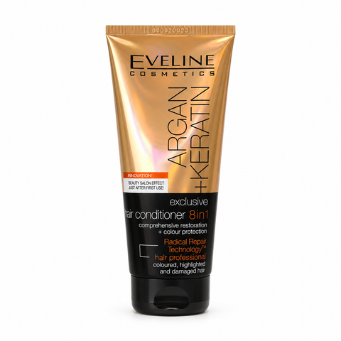 Eveline Argan + Keratin Balsam de Păr 8în1 Exclusive 200 ml, regenerare și protecția culorii