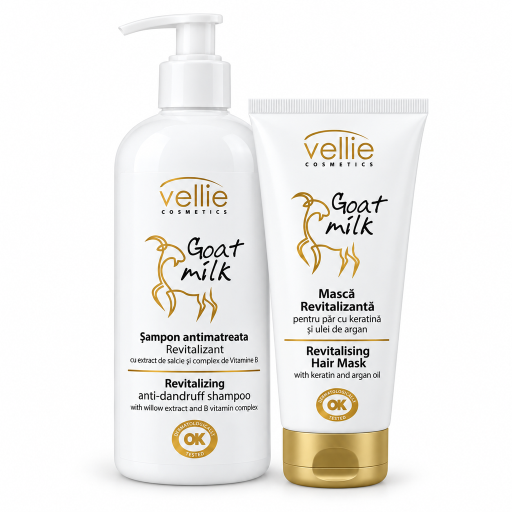 Set Vellie Goat Milk Îngrijire Păr – Șampon Antimătreață + Mască Revitalizantă cu Cheratină, Lapte de Capră