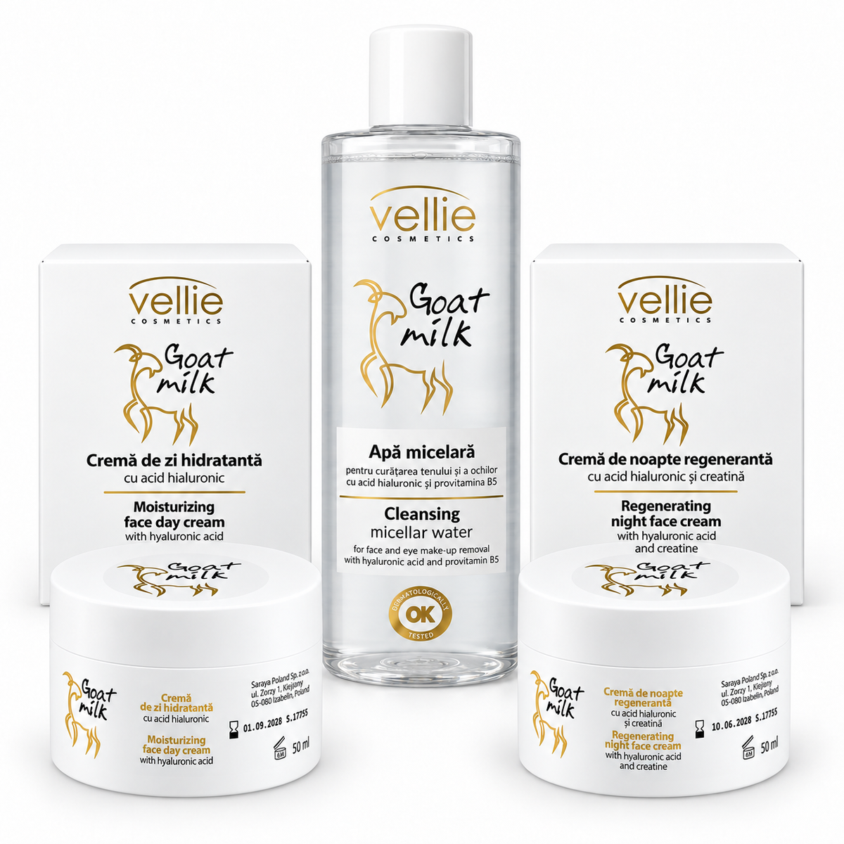 Set Vellie Goat Milk Rutina Completă de Ten – Cremă de Zi + Cremă de Noapte + Apă Micelară, Lapte de Capră
