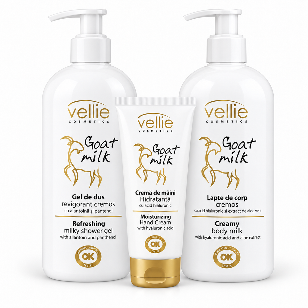 Set Vellie Goat Milk Îngrijire Corp – Gel de Duș + Lapte de Corp + Cremă de Mâini, Lapte de Capră