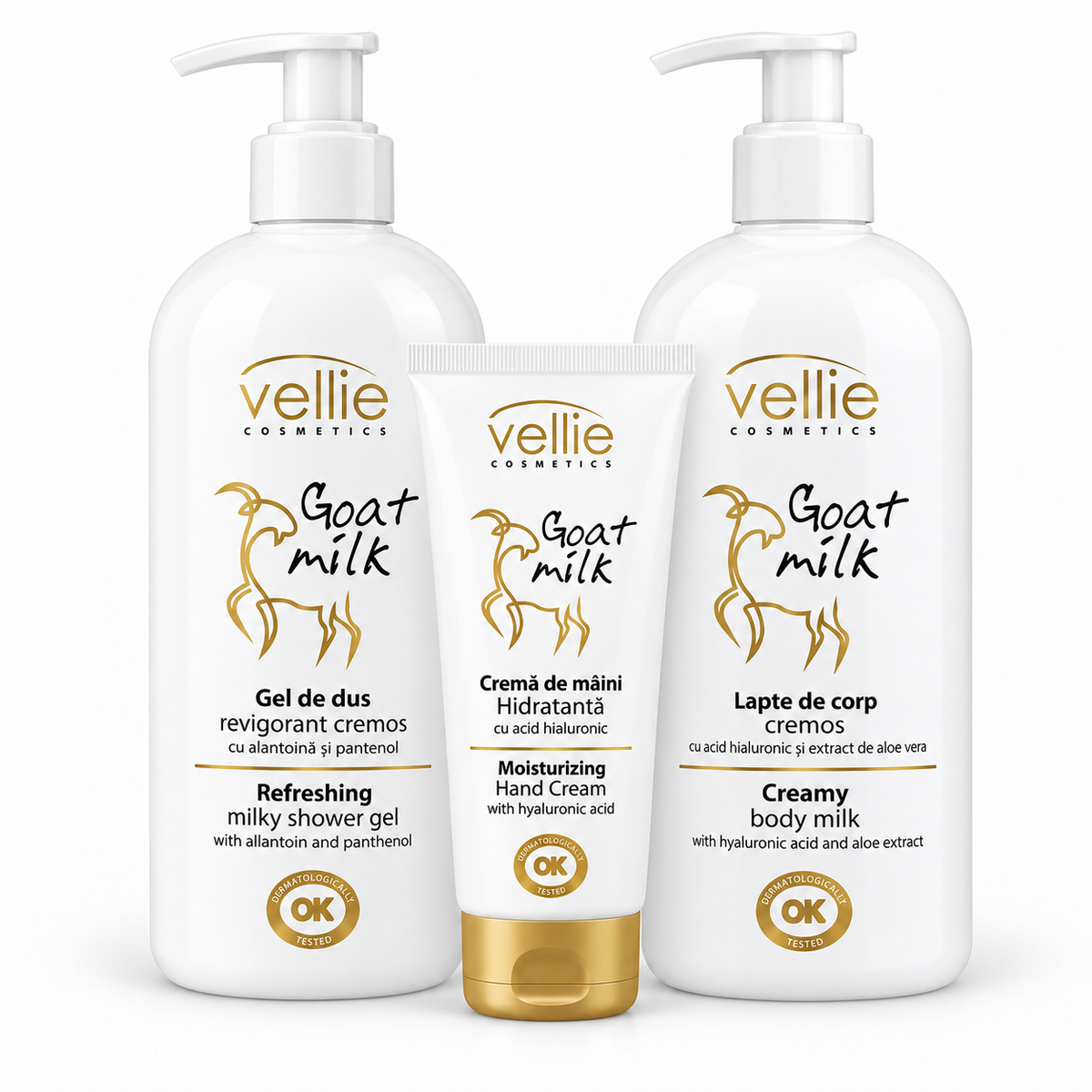 Set Vellie Goat Milk Îngrijire Corp – Gel de Duș + Lapte de Corp + Cremă de Mâini, Lapte de Capră