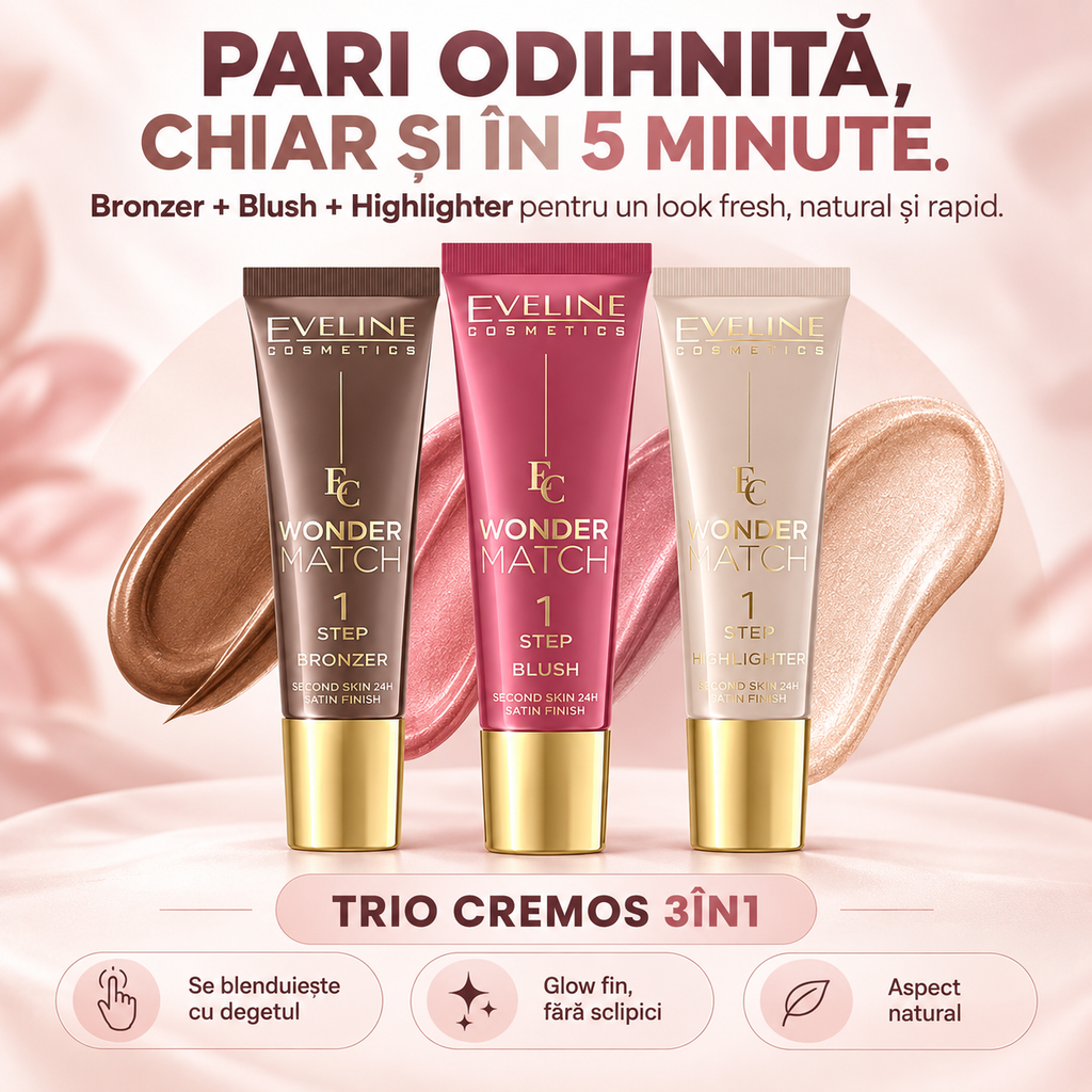 Set Eveline Wonder Match 1 Step Satin – Bronzer + Blush + Highlighter, Machiajul Complet în 3 Mișcări, Ține 24h