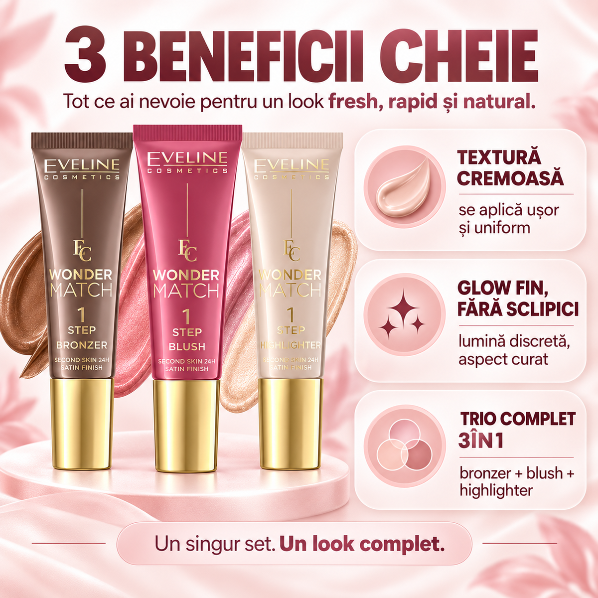 Set Eveline Wonder Match 1 Step Satin – Bronzer + Blush + Highlighter, Machiajul Complet în 3 Mișcări, Ține 24h