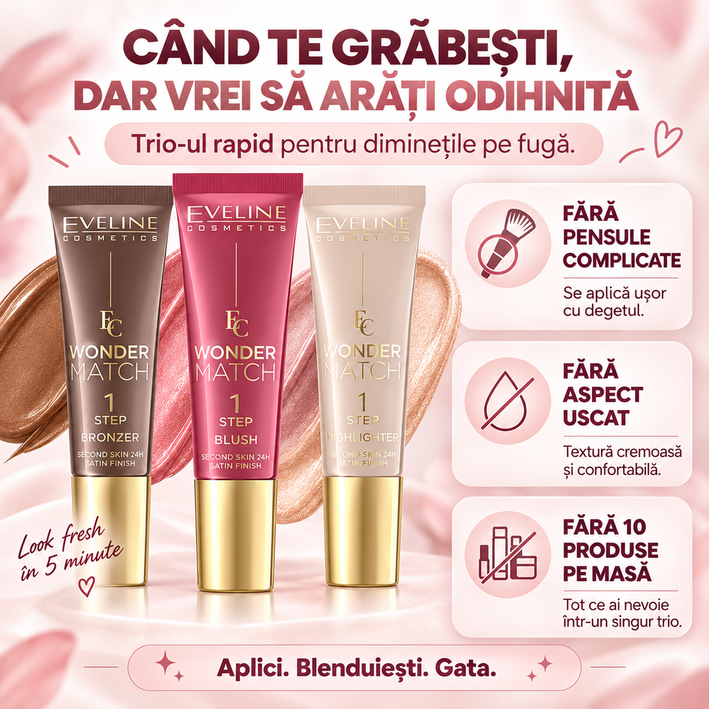 Set Eveline Wonder Match 1 Step Satin – Bronzer + Blush + Highlighter, Machiajul Complet în 3 Mișcări, Ține 24h