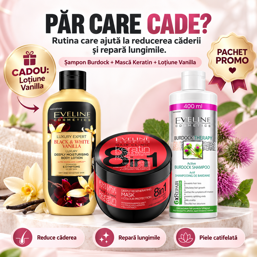 Set Eveline Păr + Corp – Șampon Burdock Therapy 400 ml + Mască Keratin 500 ml + Loțiune Black & White Vanilla 350 ml