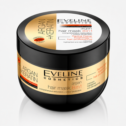 Eveline Argan + Keratin Mască de Păr 8în1 300 ml, regenerare cu ulei de argan