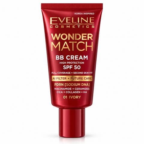 Eveline Wonder Match BB Cream SPF 50 nuanța 01 Ivory, Acoperire Completă cu PDRN, Niacinamidă și Ceramide