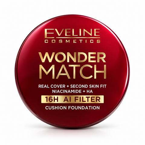 Eveline Wonder Match Cushion Foundation 16H, Acoperire Reală cu Niacinamidă și Acid Hialuronic, Finish Second Skin