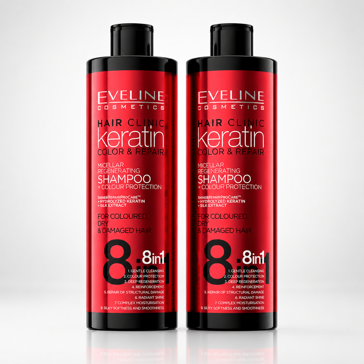 Pachet 2 x Eveline Hair Clinic Keratin Șampon 8în1 400 ml, protecția culorii pentru păr vopsit