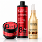Set Eveline Hair Clinic Keratin – Șampon 400 ml + Mască 500 ml + Balsam Bifazic Spray Stapiz 300 ml, păr vopsit și deteriorat