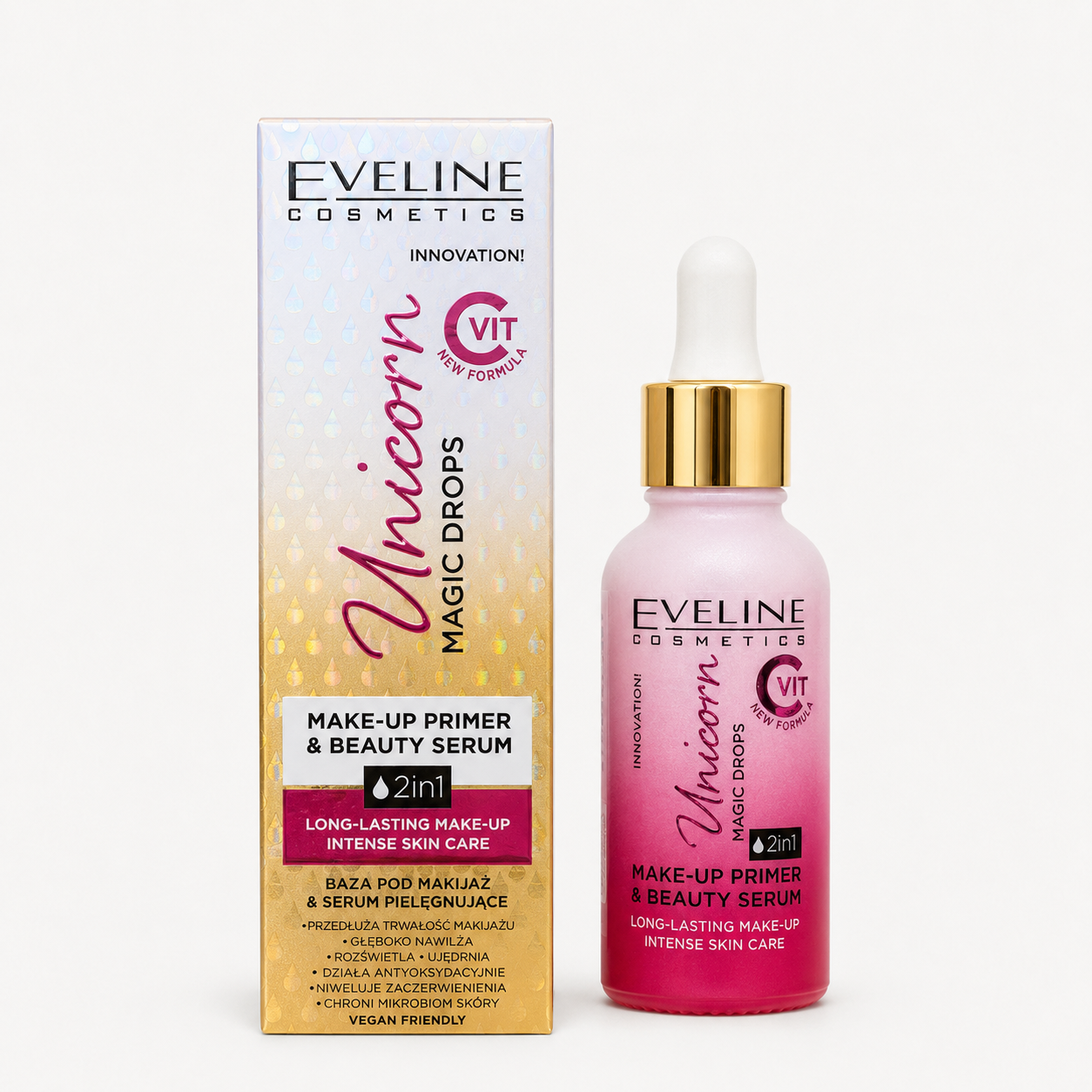 Eveline Unicorn Magic Drops Primer și Ser de Machiaj 2în1 cu Vitamina C 30 ml