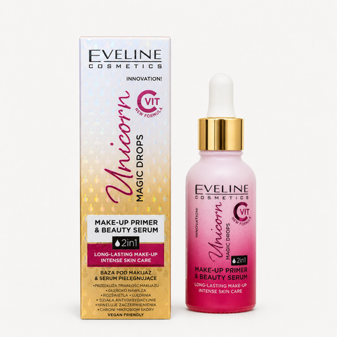 Eveline Unicorn Magic Drops Primer și Ser de Machiaj 2în1 cu Vitamina C 30 ml