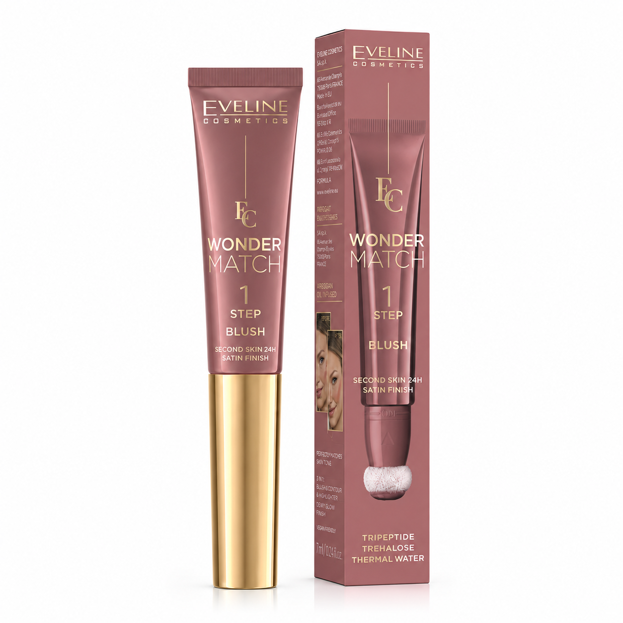 Eveline Wonder Match 1 Step Blush Cremos Satin NO 02, fard de obraz roz intens, 14 ml
