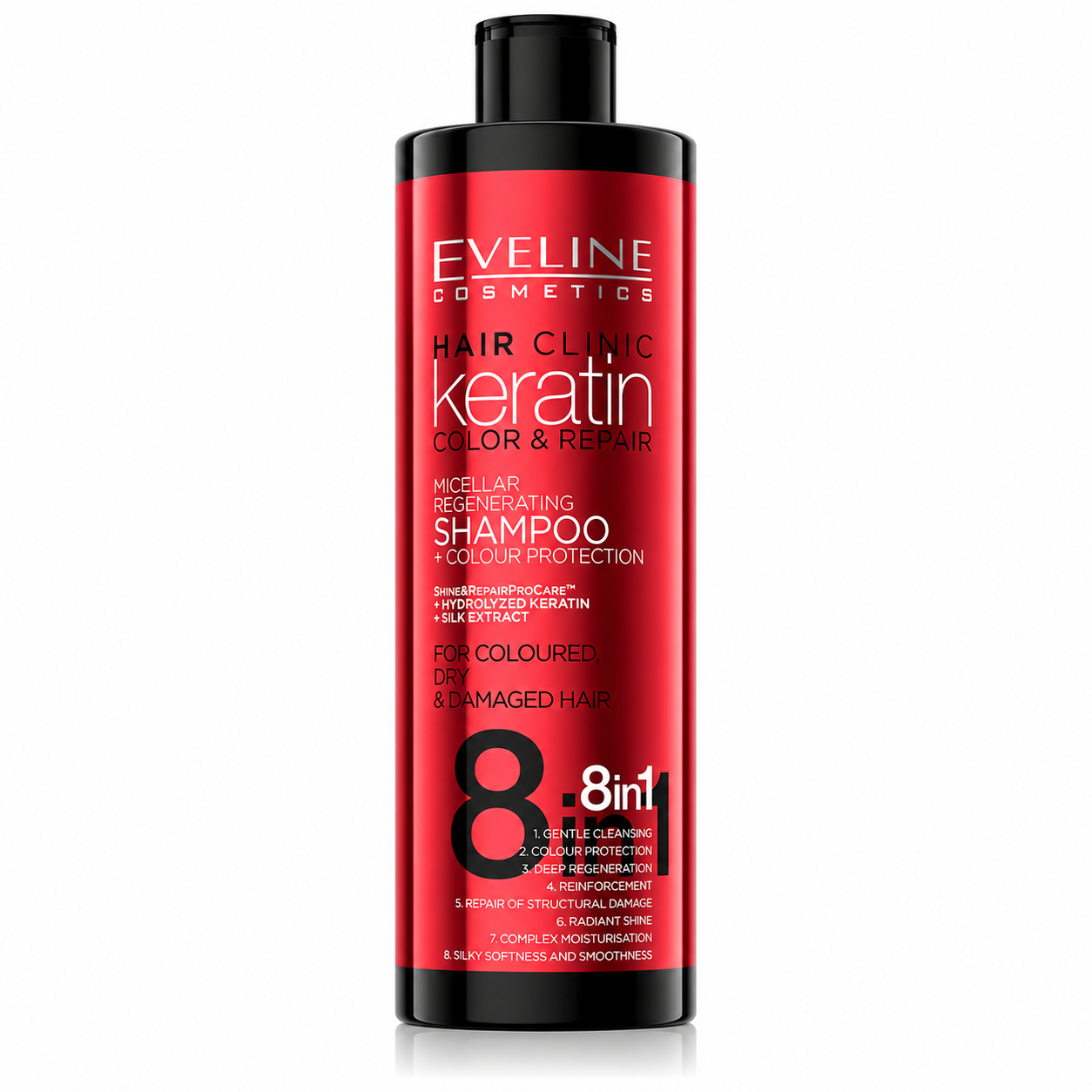 Eveline Hair Clinic Keratin Color & Repair Șampon 8în1 400 ml, păr vopsit
