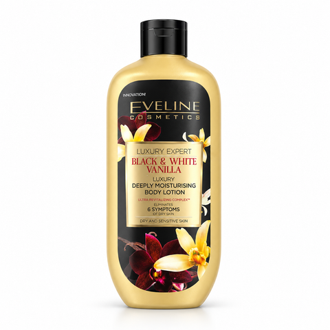 Eveline Luxury Expert Black & White Vanilla Loțiune de Corp Hidratantă 350 ml, piele uscată și sensibilă
