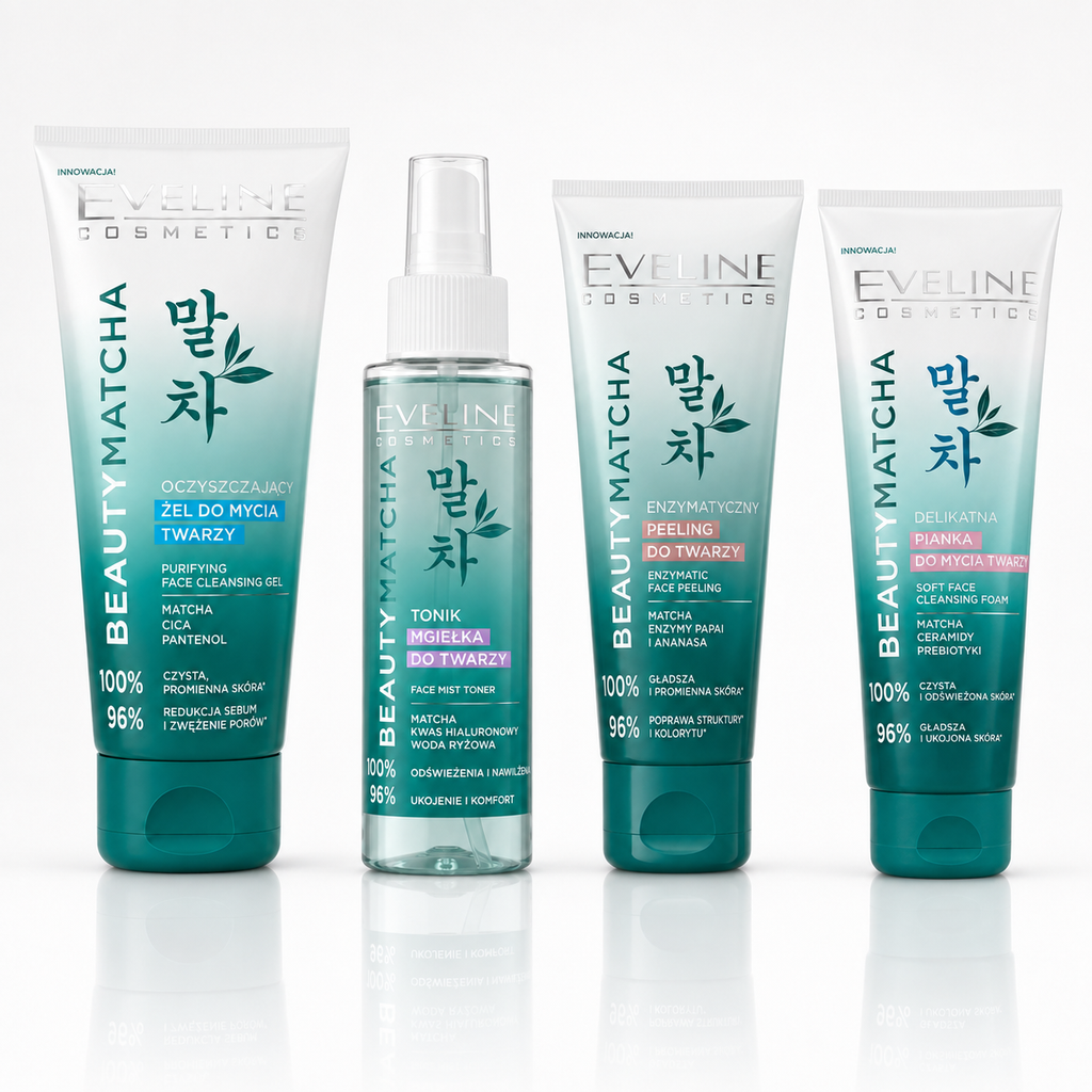 Set Eveline Beauty Matcha 4 pași – Gel de Curățare + Spumă + Peeling Enzimatic + Toner Spray, rutină coreeană ten gras