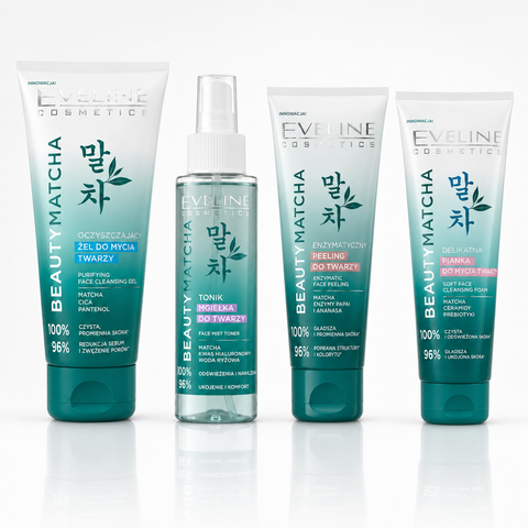 Set Eveline Beauty Matcha 4 pași – Gel de Curățare + Spumă + Peeling Enzimatic + Toner Spray, rutină coreeană ten gras