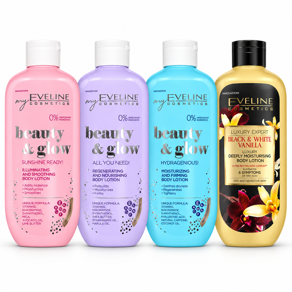 Set Eveline 4 Loțiuni de Corp – Beauty & Glow Hidratantă + Regenerantă + Iluminatoare + Luxury Expert Black & White Vanilla, 4 × 350 ml