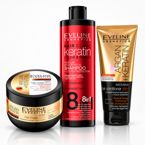 Set Eveline Argan + Keratin 8în1 – Șampon 400 ml + Mască 300 ml + Balsam 200 ml, păr vopsit și deteriorat