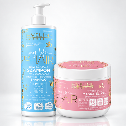 Set Eveline My Life My Hair – Șampon 400 ml + Mască-Elixir 300 ml, peptide, păr subțire și uscat