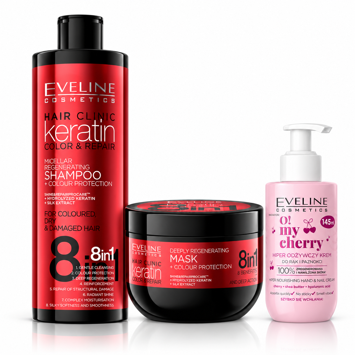 Set Eveline Hair Clinic Keratin – Șampon 400 ml + Mască 500 ml + Cremă de Mâini O! My Cherry 145 ml, Păr Vopsit și Mâini Hrănite