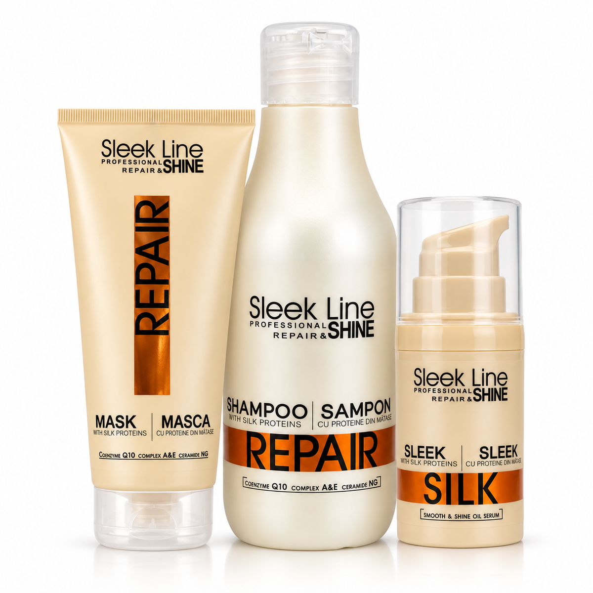 Set Stapiz Sleek Line Repair – Șampon 300 ml + Mască 250 ml + Ser Silk, Repară Părul Rupt și Deteriorat de Decolorare