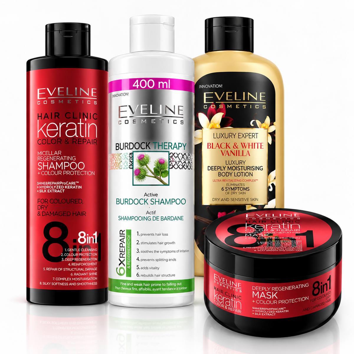 Set Eveline Păr + Corp 4 Produse – Șampon Keratin 400 ml + Șampon Burdock Therapy 400 ml + Mască Keratin 500 ml + Loțiun