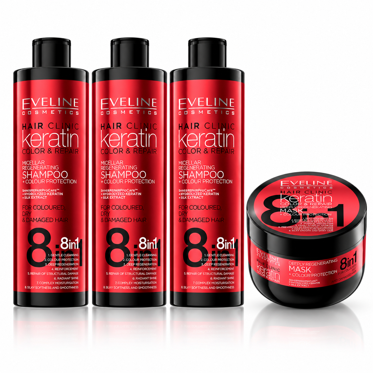 Set Eveline Hair Clinic Keratin – 3 × Șampon 400 ml + Mască 500 ml, rezerva pentru 4 luni de păr vopsit