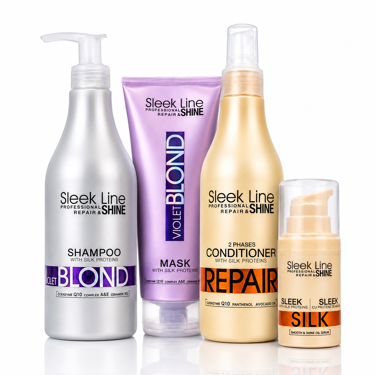 Set Eveline Sleek Line Violet Blond 4 produse – Șampon 1000 ml + Mască 250 ml + Balsam Bifazic Repair + Ser Silk, păr blond